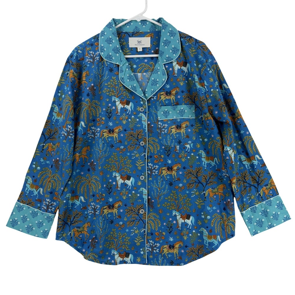 Printfresh Pajama Top Womens Medium Blue Horse Print Organic Cotton Button Front